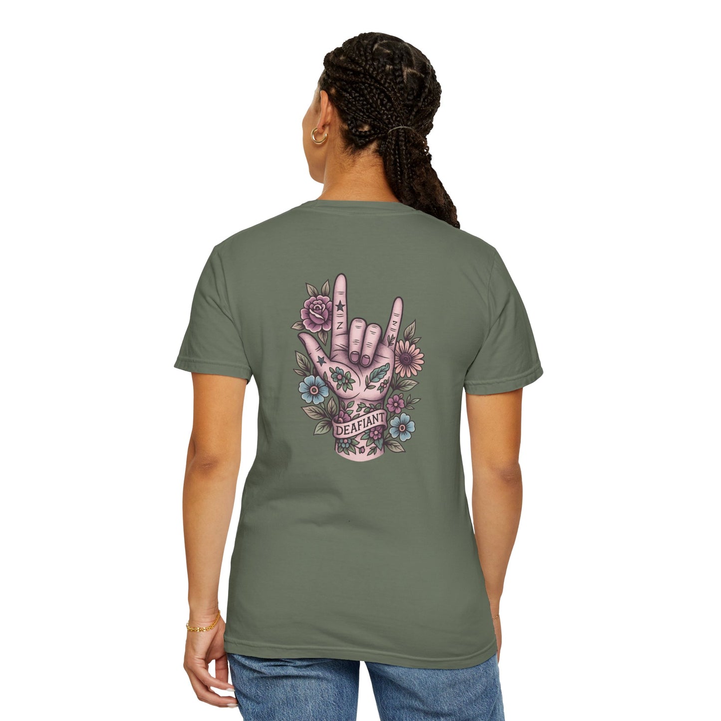 "Rooted & Rebellious" β The Pink Llama x DEAFIANT Floral Collab Tee | Unisex Garment-Dyed T-shirt